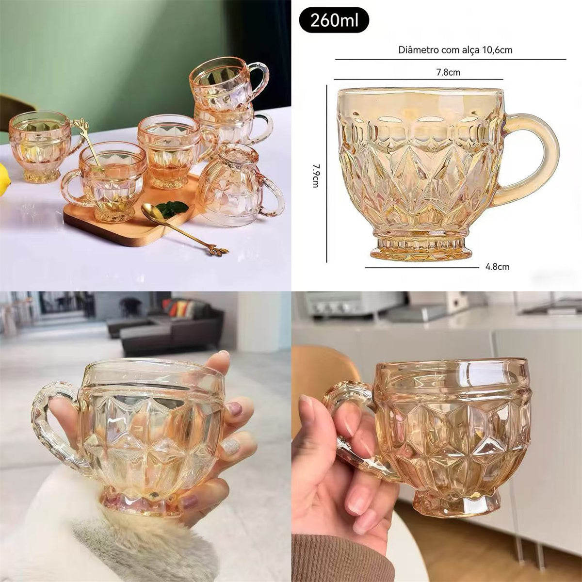 Conjunto de Xícaras Âmbar Luxo Cristal Dourado 260ml