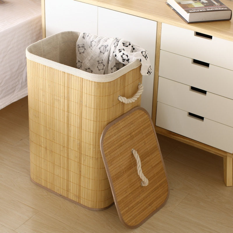 Cesto de Roupa Suja de Bambu com Tampa 72L Dobrável