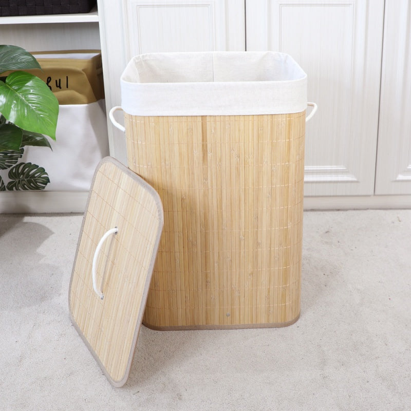 Cesto de Roupa Suja de Bambu com Tampa 72L Dobrável