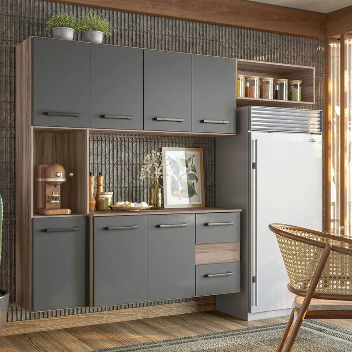 Cozinha Compacta Modulada Suspensa 7 Portas 2 Gavetas Juliete Cinza/Carvalho Nature/Chumbo Carvalho Nature/Chumbo