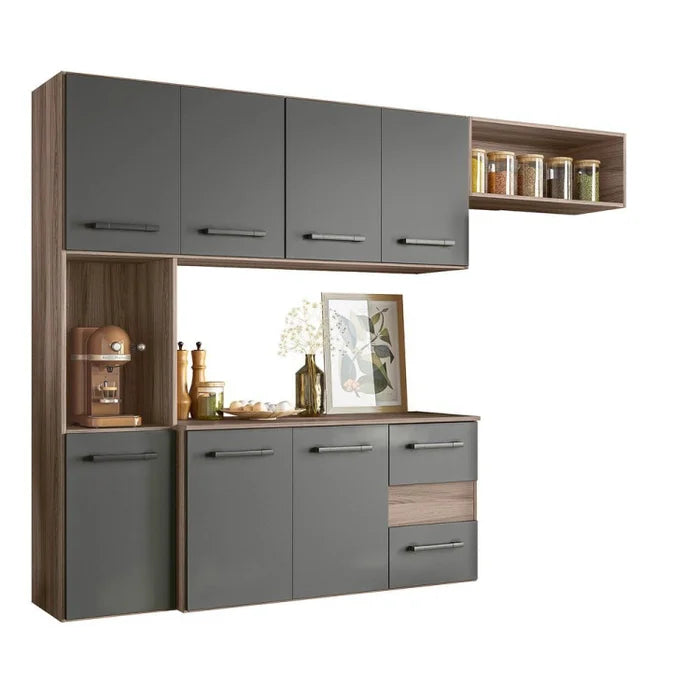 Cozinha Compacta Modulada Suspensa 7 Portas 2 Gavetas Juliete Cinza/Carvalho Nature/Chumbo Carvalho Nature/Chumbo