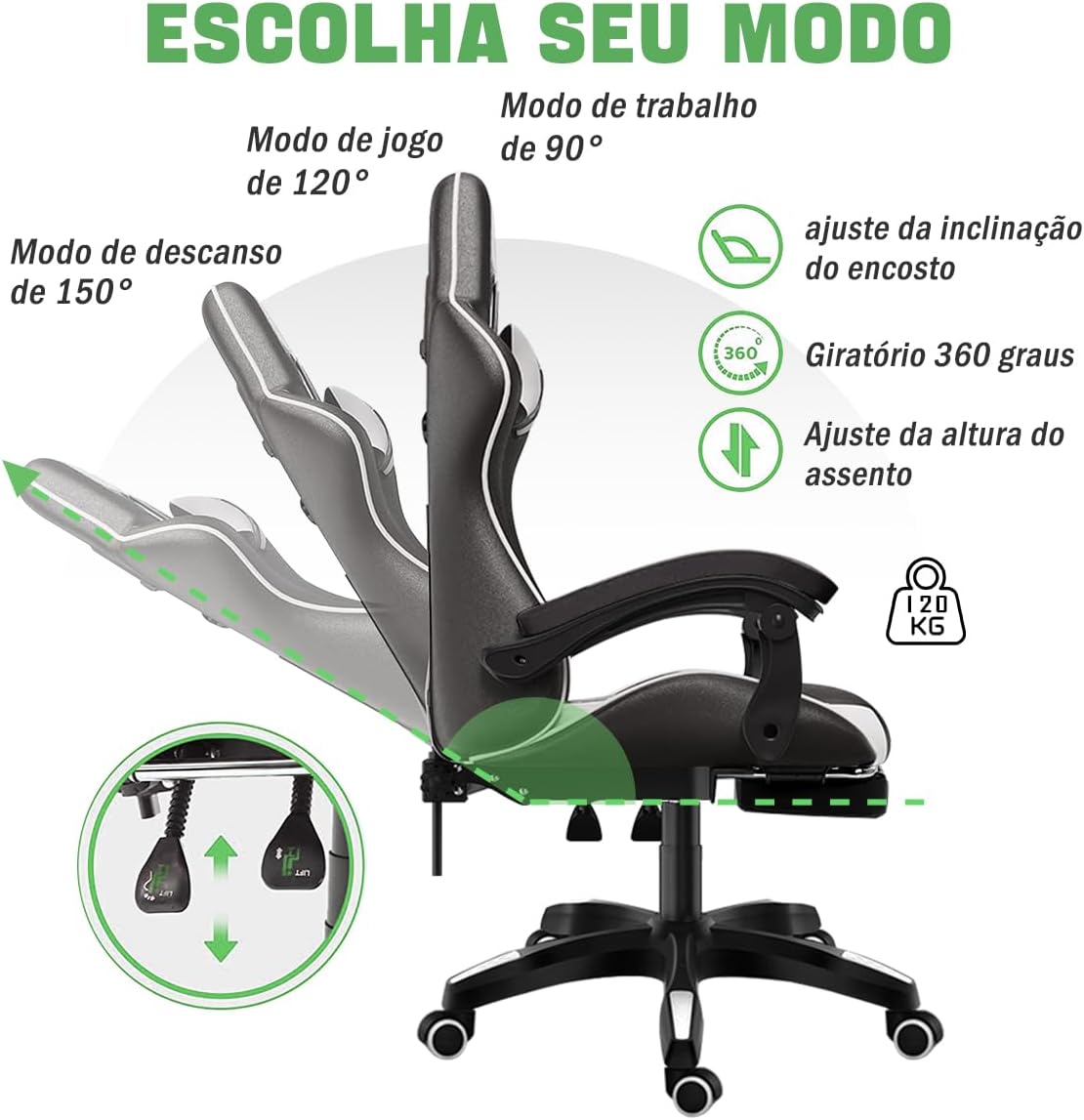 Cadeira Ergonomica Gamer Com Apoio Para Os Pés Branco