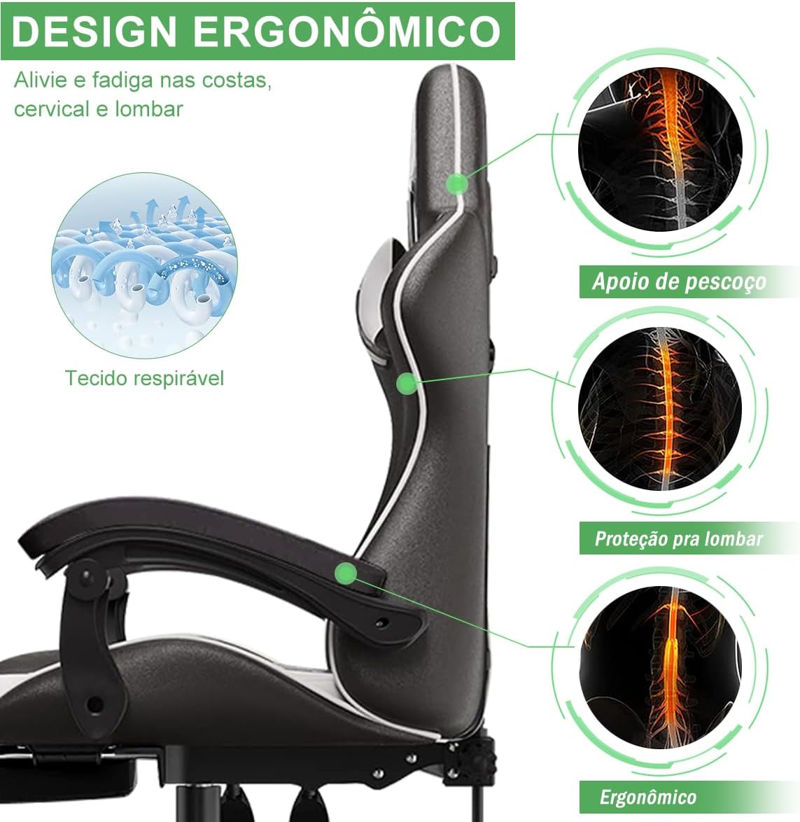 Cadeira Ergonomica Gamer Com Apoio Para Os Pés Branco