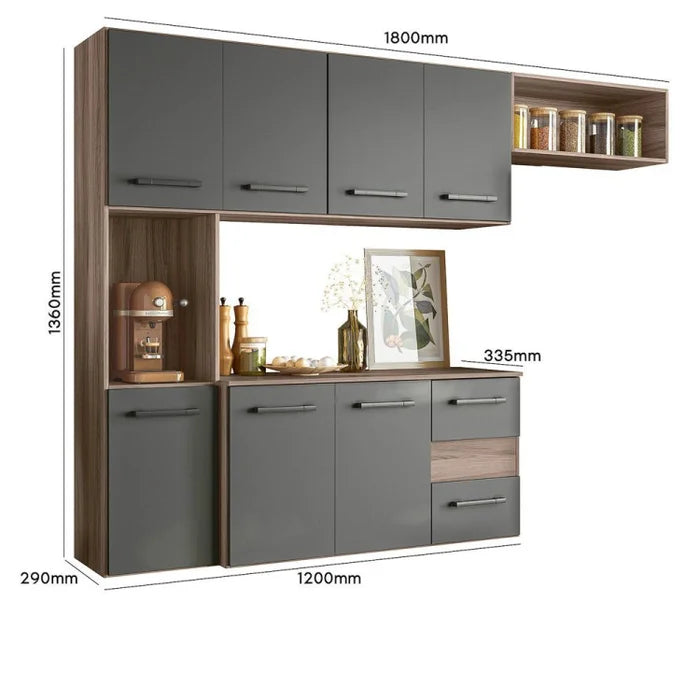 Cozinha Compacta Modulada Suspensa 7 Portas 2 Gavetas Juliete Cinza/Carvalho Nature/Chumbo Carvalho Nature/Chumbo