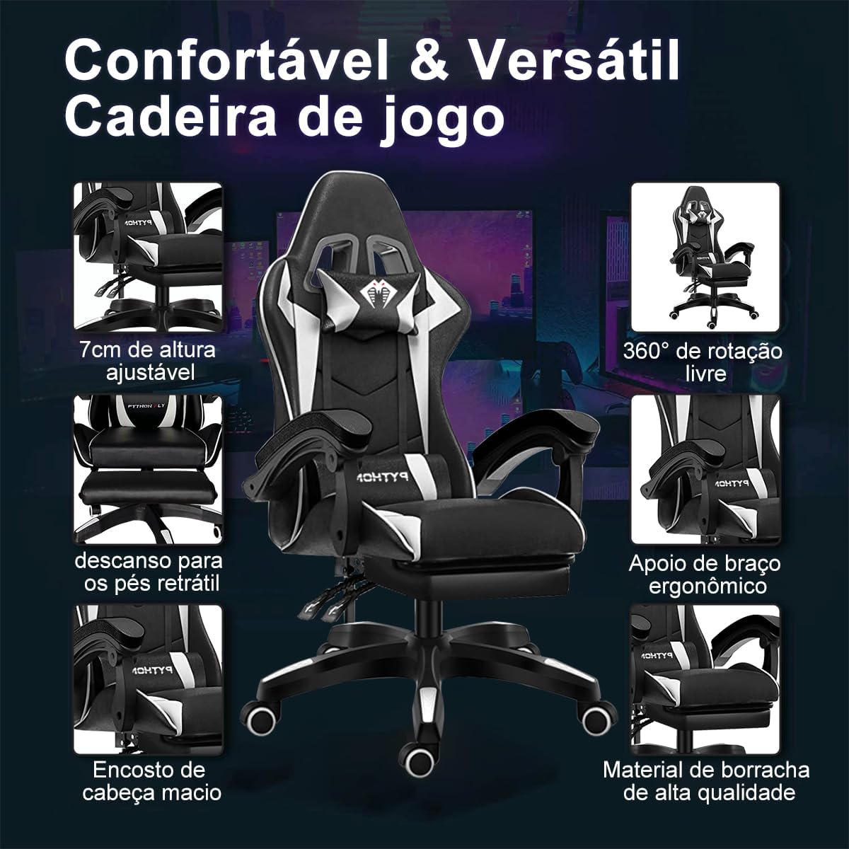 Cadeira Ergonomica Gamer Com Apoio Para Os Pés Branco