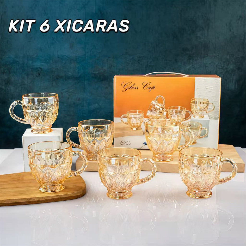 Conjunto de Xícaras Âmbar Luxo Cristal Dourado 260ml