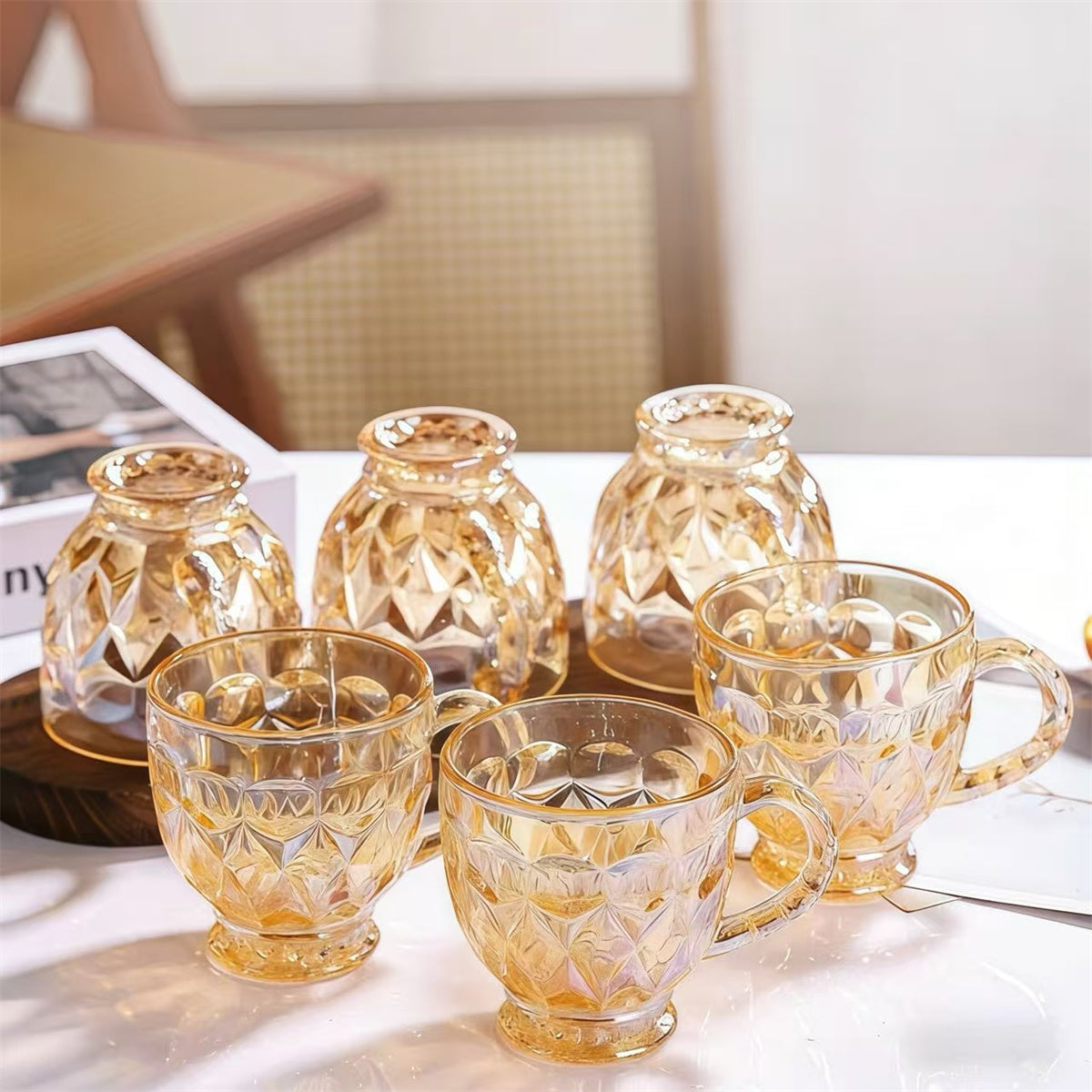 Conjunto de Xícaras Âmbar Luxo Cristal Dourado 260ml