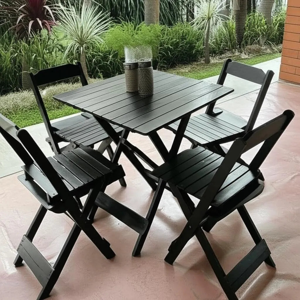 Mesa Dobrável Bistro 70x70 com 4 Cadeiras Madeira Maciça