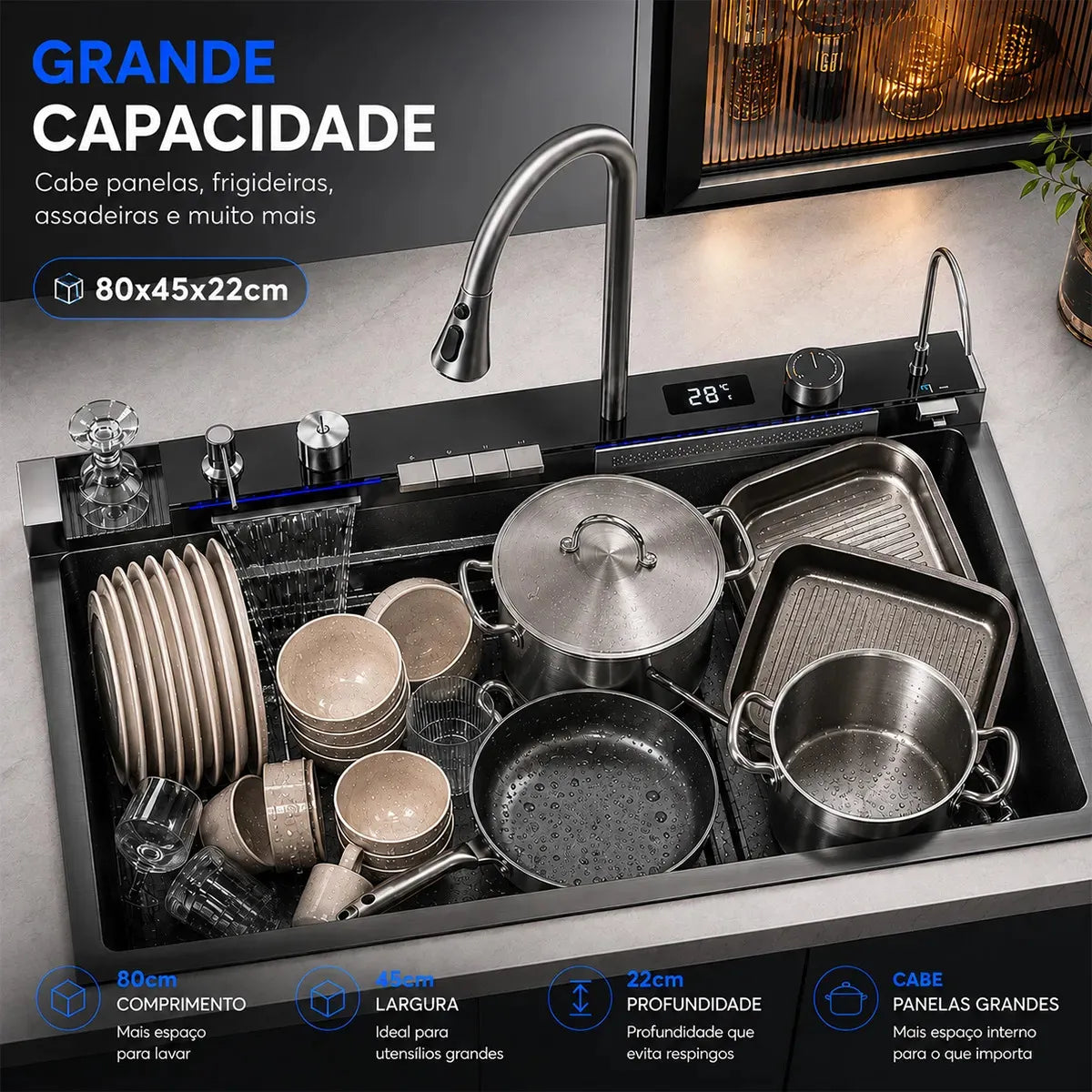Cuba Gourmet de Aço Inox 304 com Torneira LED Digital e Acessórios Bokoptyr