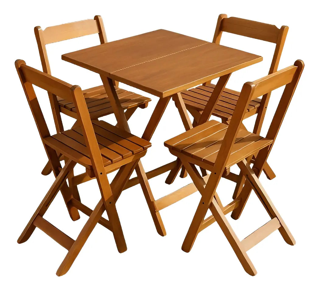 Mesa Dobrável Bistro 70x70 com 4 Cadeiras Madeira Maciça