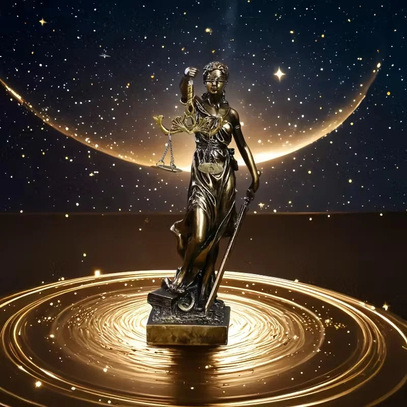 Escultura Deusa da Justiça em Resina com Relógio