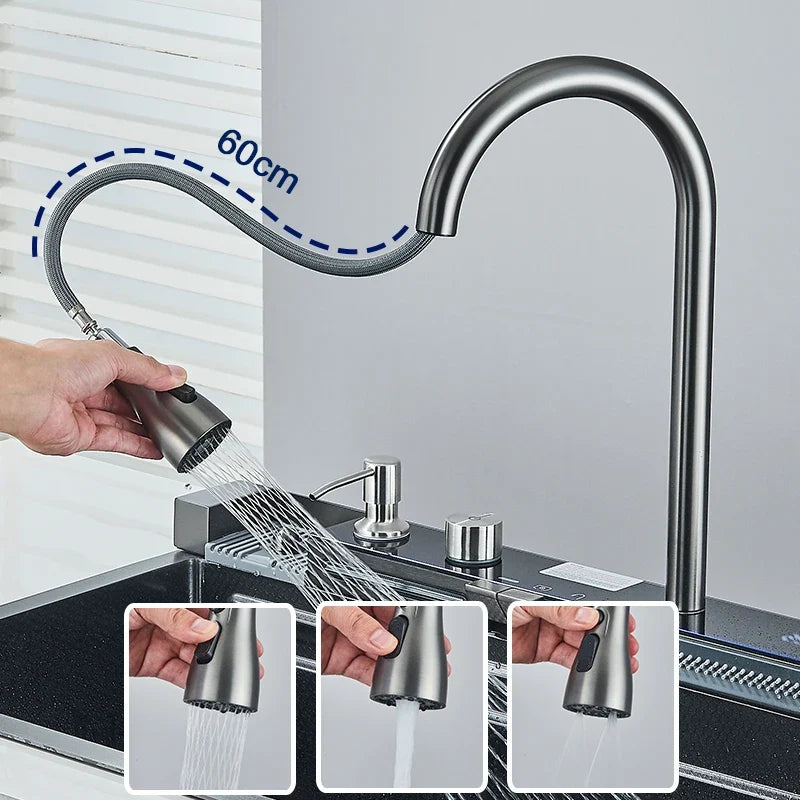 Pia de Cozinha em Aço Inoxidável com Display Digital e Torneira Cascata