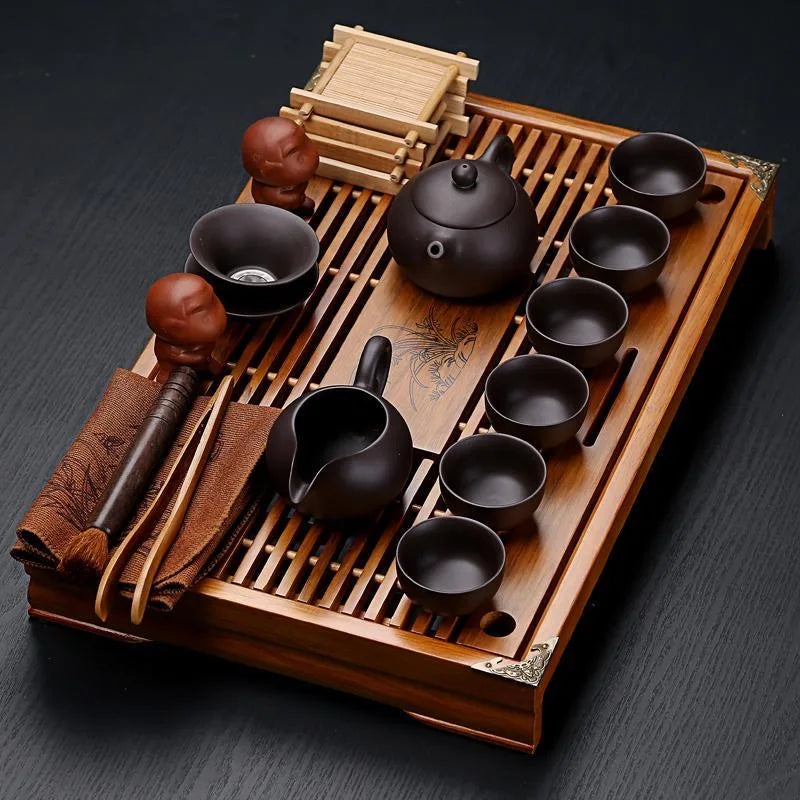 Conjunto de Chá Kung Fu Yixing com Bandeja de Madeira