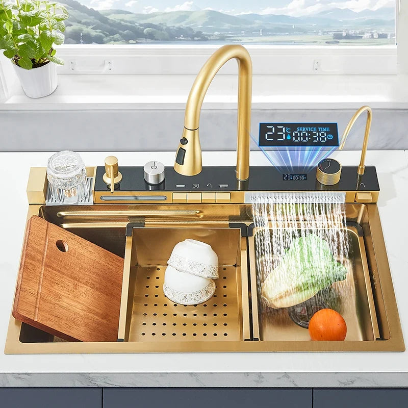 Pia de Cozinha em Aço Inoxidável com Display Digital e Torneira Cascata