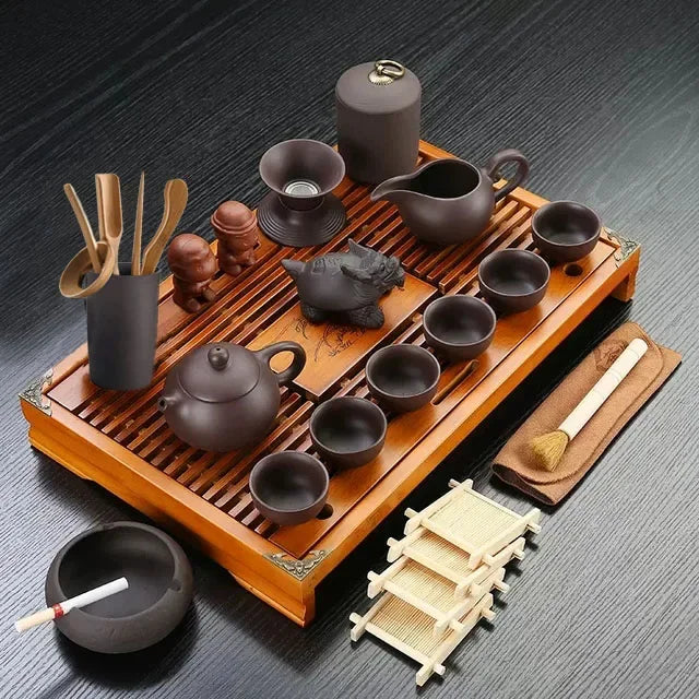 Conjunto de Chá Kung Fu Yixing com Bandeja de Madeira