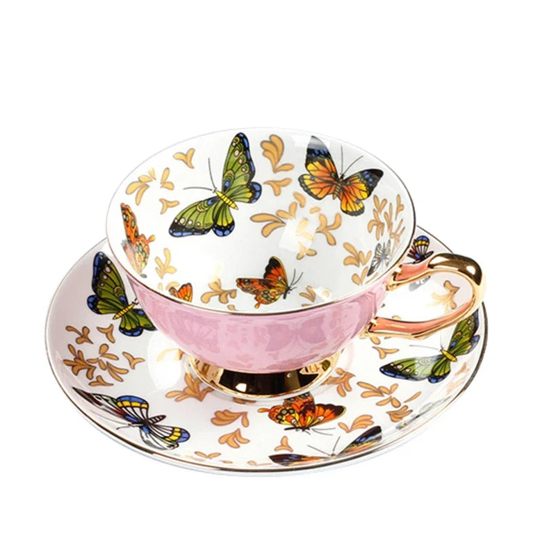 Conjunto de Xícara de Chá em Porcelana de Osso com Design de Borboleta