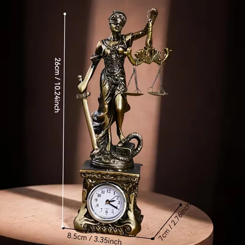 Escultura Deusa da Justiça em Resina com Relógio