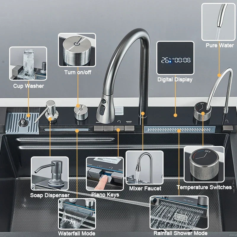 Pia de Cozinha em Aço Inoxidável com Display Digital e Torneira Cascata