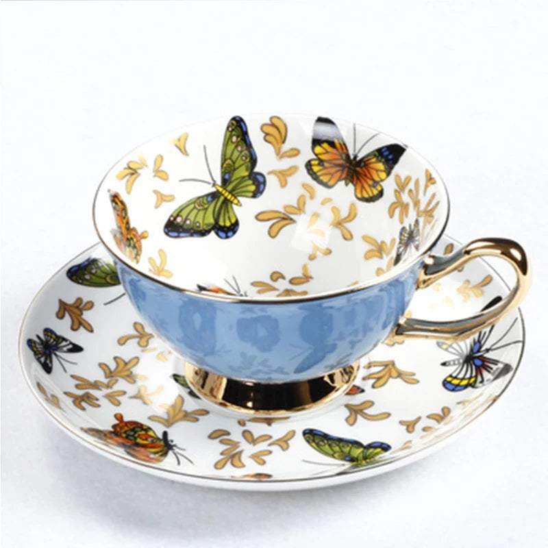Conjunto de Xícara de Chá em Porcelana de Osso com Design de Borboleta