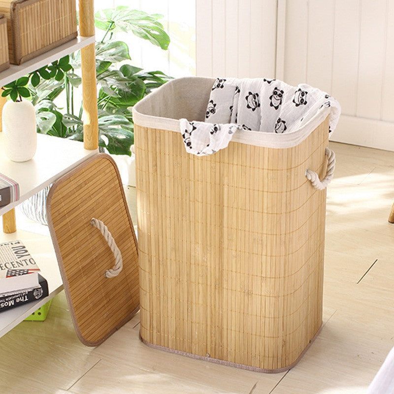 Cesto de Roupa Suja de Bambu com Tampa 72L Dobrável