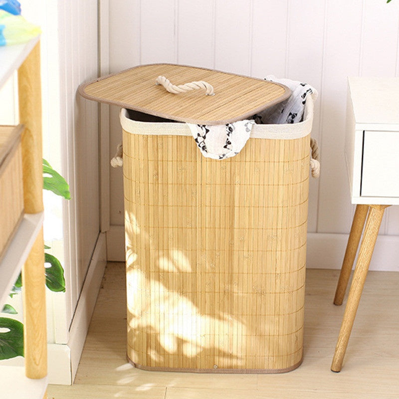 Cesto de Roupa Suja de Bambu com Tampa 72L Dobrável