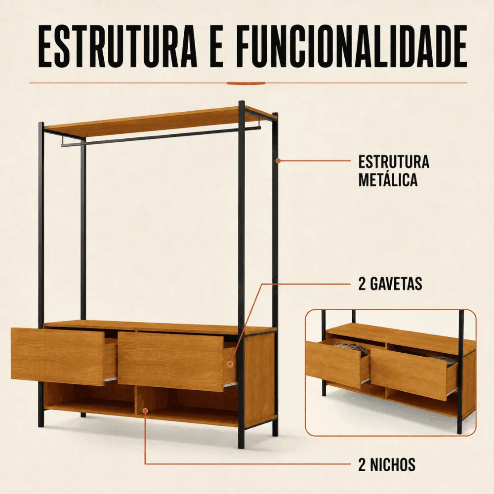 Closet Estilo Industrial Dallas 2 Gavetas e Suporte para Cabide