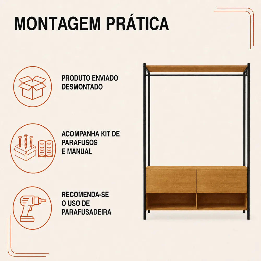 Closet Estilo Industrial Dallas 2 Gavetas e Suporte para Cabide