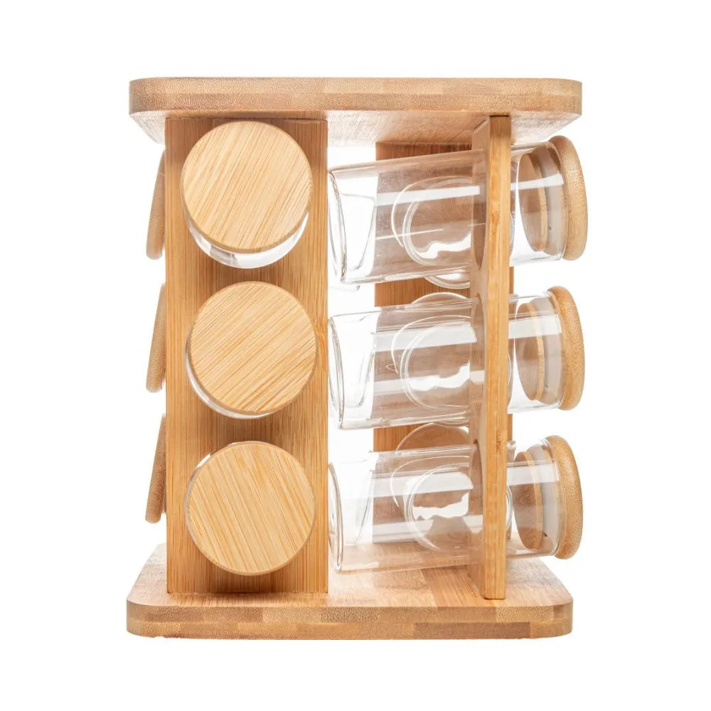 Conjunto Porta Temperos 13 Peças em Vidro com Tampa e Suporte Giratório de Bambu Wolff