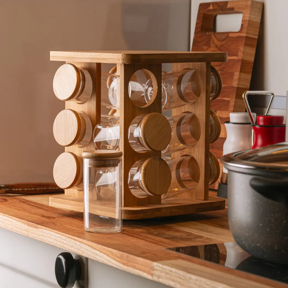 Conjunto Porta Temperos 13 Peças em Vidro com Tampa e Suporte Giratório de Bambu Wolff