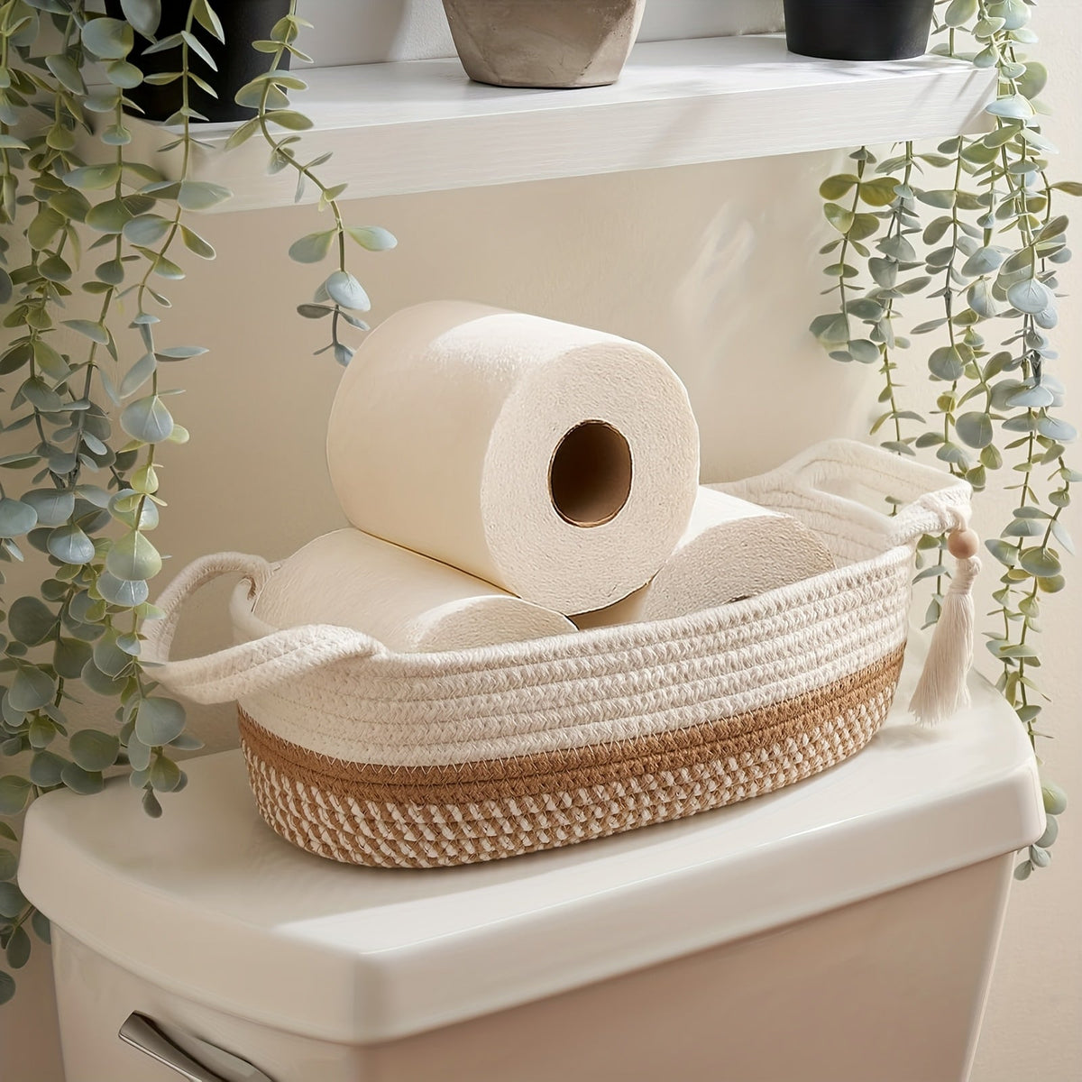 Cesta Decorativa Boho com Tassel para Papel Higiênico