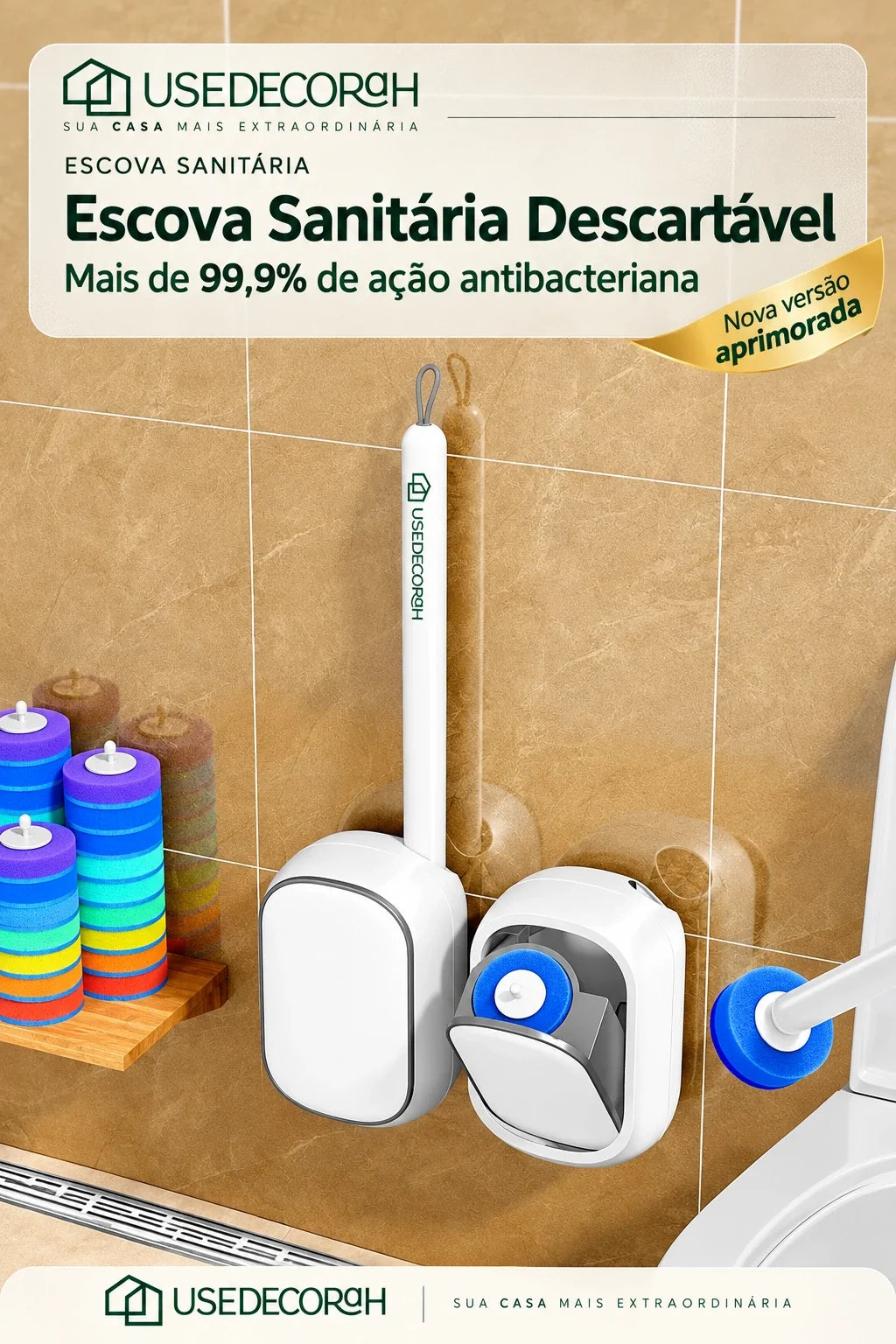 Escova Sanitária Descartável com Refis e Suporte de Parede