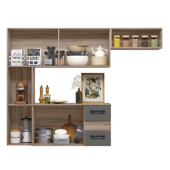 Cozinha Compacta Modulada Suspensa 7 Portas 2 Gavetas Juliete Cinza/Carvalho Nature/Chumbo Carvalho Nature/Chumbo